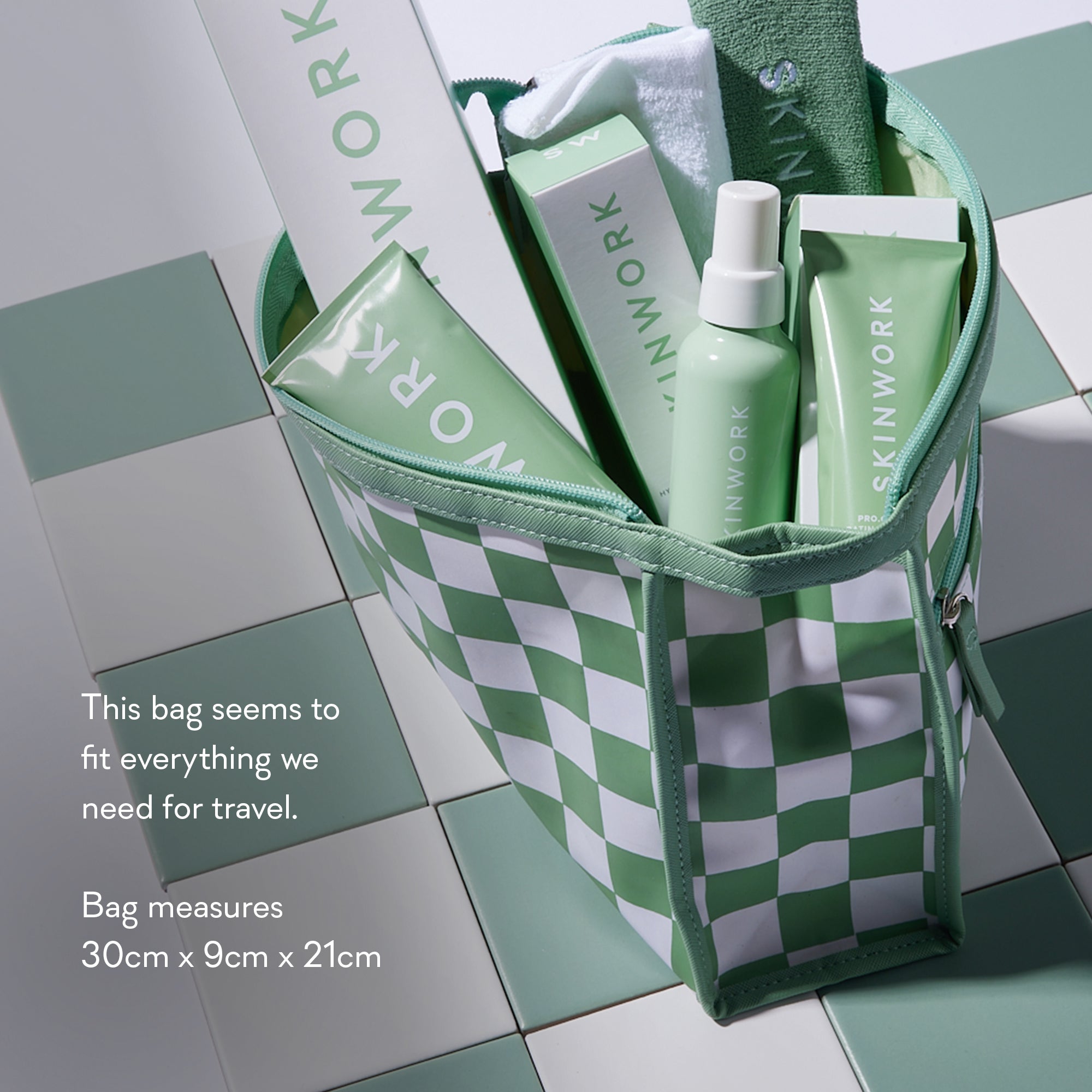 SKINWORK Green + White Checkerboard Cosmetic Bag