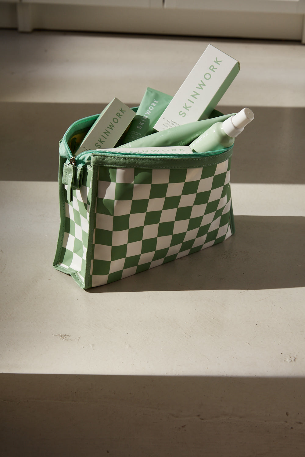 SKINWORK Green + White Checkerboard Cosmetic Bag